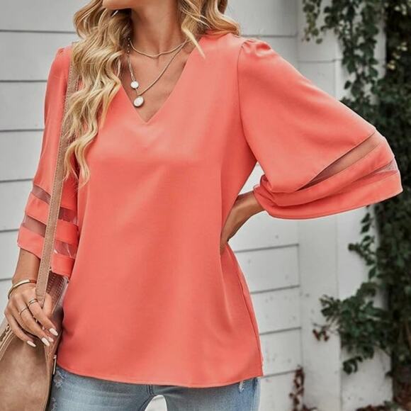 Casual V Neck 3/4 Bell Sleeve Mesh Panel Blouse Coral XL - Picture 2 of 7
